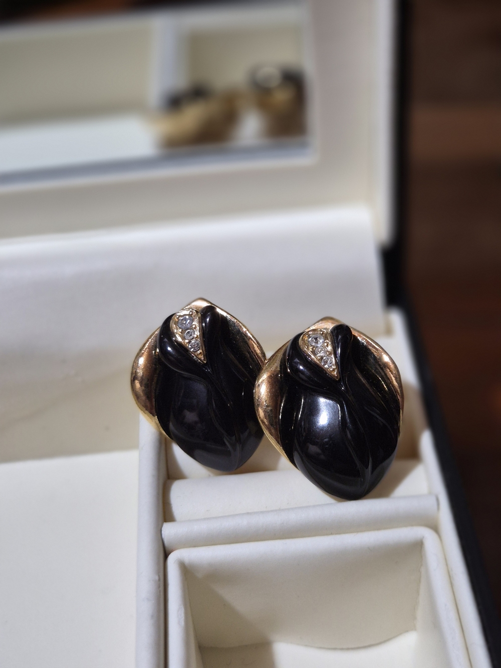 Kenneth Jay Lane Black and Gold Sculpted Leaf Clip-On Earrings